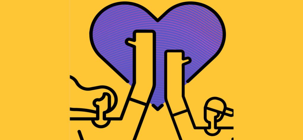 Ilustración de dos personas alcanzando un corazón de color púrpura