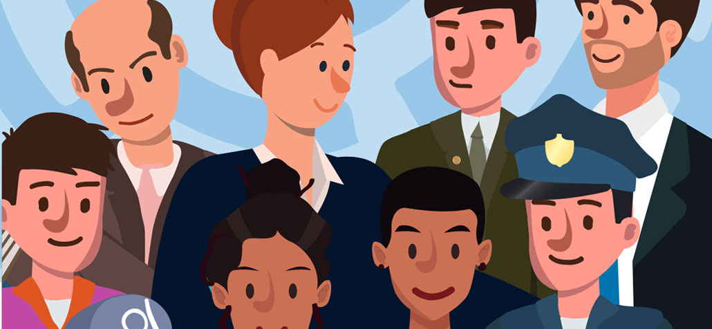 En la ilustración diferentes personas entre civiles y policías