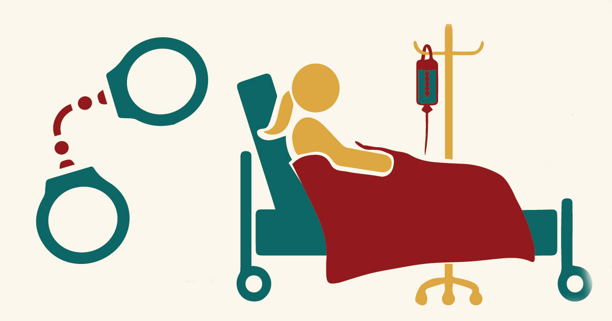 ilustración de una mujer en una camilla y unas esposas al lado