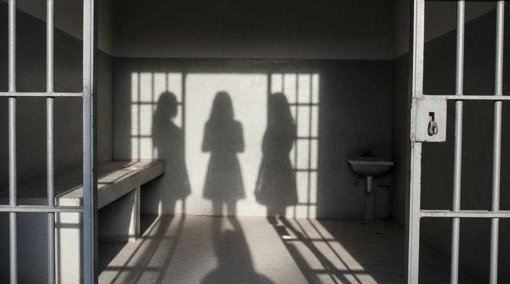 Ilustracion de tres mujeres reflejadas en la sombra de una celda